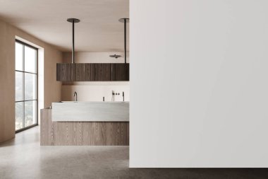 Lüks bej otel banyosu, çift lavabo ve taş tezgahı, minimalist duş ve kırsal alanda panoramik pencere. Boş duvar bölmesini düzenle. 3B görüntüleme