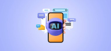 Robot simgesi ile telefon görüntüsü, mesajlı web ekranı ve mor arkaplanda arama çubuğu gösteren kadın eli. Çevrimiçi asistan ve makine öğrenme kavramı. 3B resimleme
