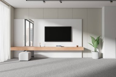 Şık bir oturma odası, televizyon ekranı, dekoratif ahşap masa ve halıdaki gri puf koltuk. Kuala Lumpur gökdelenlerinin panoramik penceresi. 3B görüntüleme