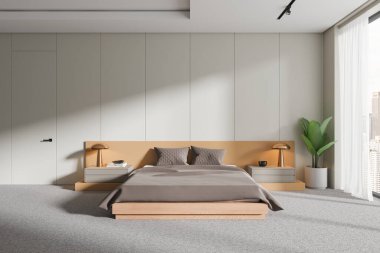 Yatak odasının içinde yatak odası, dekorasyonlu komodin ve halının üzerinde bitki. Kuala Lumpur gökdelenlerinde panoramik pencereli bir uyku odası. 3B görüntüleme