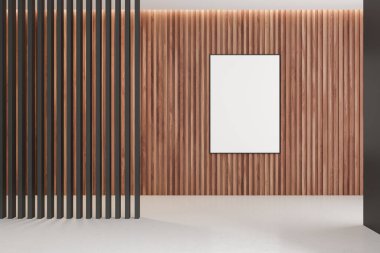 Koridorda bölme ve ahşap duvarda tuval posteri olan şık bir iş odası. İş ilanı, pazarlama ya da duyuru. 3B görüntüleme