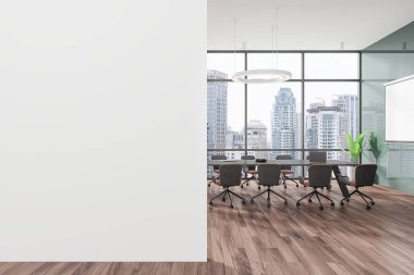 Bangkok 'taki gökdelenlerde yeşil koltuklar ve panoramik pencerelerle yeşil toplantı. Boş duvar bölmesini düzenle. 3B görüntüleme