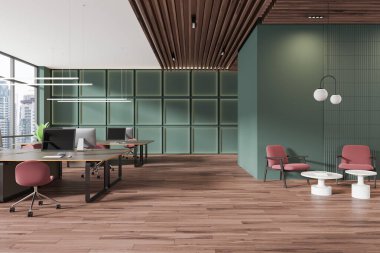 Geniş pencereli, yeşil duvarlı ve ahşap zeminli modern ofis. Çağdaş kavram. 3B Hazırlama