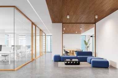 Mavi mobilyaları ve toplantı odası olan modern ofis salonu, parlak ve açık atmosfer, profesyonel çalışma alanı konsepti. 3B Hazırlama