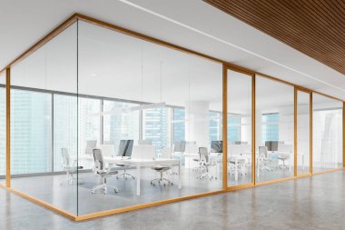 Ofis içi manzarası, beyaz masaların üzerinde bilgisayar, beton zemin. Singapur gökdelenlerinde panoramik pencereli cam eşzamanlı çalışma alanı. 3B görüntüleme