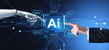İnsan ve robot parmak dokunuşu, yapay zekayla sanal ekran ve konuşma baloncuklarıyla robot hologramı. Yapay zekaya sahip sohbet robotu ve çevrimiçi yardım. Makine öğrenme kavramı
