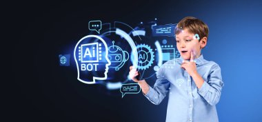 Surprised boy using smartphone. AI brain hologram with different glowing icons with cogwheels, messages script. Concept of machine learning and robot helps in education clipart