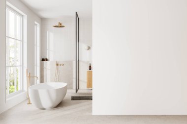 Lüks otel banyosu, banyo küveti, cam duş. Aksesuarlı altın tasarım. Tropik bölgelerde panoramik pencere. Boş duvar bölmesini düzenle. 3B görüntüleme