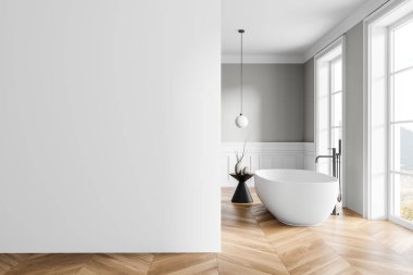 Beyaz banyo, banyo küveti, yan masa, ahşap döşeme. Küf dizaynı ve kırsal kesimde panoramik pencereli banyo alanı. Boş duvar bölmesini düzenle. 3B görüntüleme