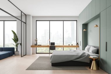 Renkli ev yatak odası iç yatak ve iş yeri, bitki ve cam bölmeli kanepe. Gardırop ve altın komodin. Bangkok gökdelenlerinin panoramik penceresi. 3B görüntüleme