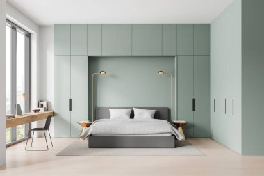 Renkli yatak odası iç yatak odası, iş yeri, gardırop ve lambalı komodin. Çalışma masalı rahat bir uyku odası, gökdelenlerin panoramik penceresi. 3B görüntüleme