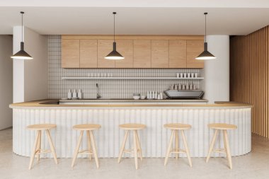 Bar tezgahı ve sıra sıra taburesi olan açık bir uzay kafe mutfağı, minimalist mobilyalarla yemek pişirme ve yeme alanı. Kafeteryada zarif yemek ve sipariş bölgesi, beton zemin. 3B görüntüleme