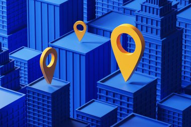 Mavi soyut binalar ve büyük sarı coğrafi etiketler, üst manzara. Navigasyon konsepti, şehir yerleri, konum veya teslimat hizmeti. 3B resimleme