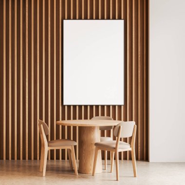 Ahşap yemek masası, sandalyeler, beton zemin. Minimalist bir restoran, ahşap panellerde yer ve maket bezi posterleri yiyor. 3B görüntüleme
