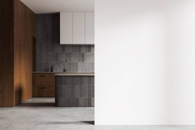 Taş bar adası, mutfak dolabı, gri beton zemin. Ahşap raflar ve fayans duvar tasarımı. Boş duvar bölmesini düzenle. 3B görüntüleme