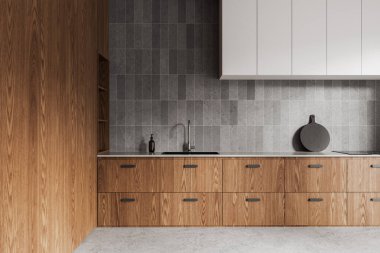 Modern ahşap mutfak dolapları ve minimalist bir mutfakta gri arka plan. Işık ayarları. İç tasarım konsepti. 3B Hazırlama