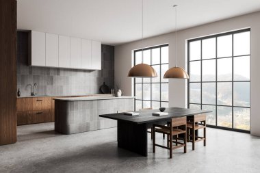 Modern mutfak ve yemek alanı geniş pencereler, beton döşeme ve minimalist tasarım, mobilya ve dekor. İç tasarım konsepti. 3B Hazırlama