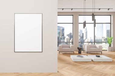Modern oturma odasının içinde duvarında boş bir poster, ahşap zemin, ışık arka plan. Boş şablon kavramı. 3B Hazırlama
