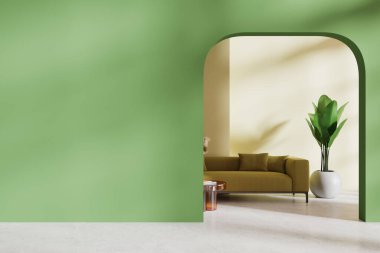 Yeşil oturma odasının içinde kanepe ve dekorasyonlu kahve masası, beton zeminde ev bitkisi. Boş kemer kapağı girişi ile rahatla. 3B görüntüleme