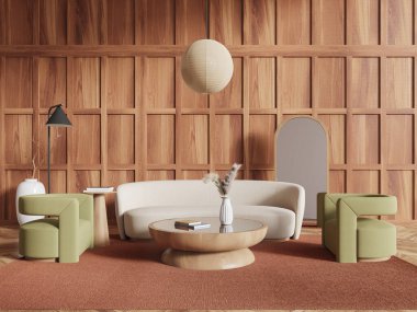 Bej renkli kanepesi, yeşil sandalyeleri, ahşap sehpası ve ahşap duvar paneli olan modern oturma odası, sıcak, çağdaş bir tarzda. Samimi iç dizayn kavramı. 3B Hazırlama