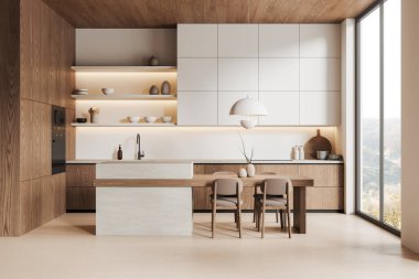 Taş bar adası, sandalyeler, masa ve ahşap döşemeli lüks ev mutfağı. Şık ahşap yemek alanı ve panoramik pencere. 3B görüntüleme