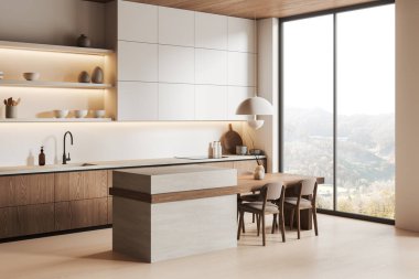 Ev mutfağı manzaralı taş bar adası, sandalyeler, masa ve dolaplar parke zeminde. Şık ahşap yemek alanı ve panoramik pencere. 3B görüntüleme