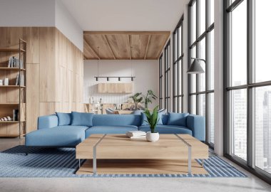 Kanepe, yemek pişirme alanı ve beton zeminde halı olan şık bir stüdyo. Şık mobilyaları ve dekorasyonu olan rahat bir daire, gökdelenlerin panoramik penceresi. 3B görüntüleme