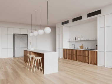 Ev mutfağı manzarası, bar adası ve sandalyeler, lavabo, soba ve mutfak gereçleri olan dolap. Buzdolabı olan beyaz ve ahşap yemek alanı. 3B görüntüleme