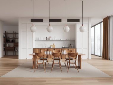 Beyaz ve ahşap ev mutfağı, yemek masası ve halıdaki sandalyeler, ahşap zemin. Lüks yemek ve raflarla yemek pişirme alanı. Gökdelenlerin panoramik penceresi. 3B görüntüleme