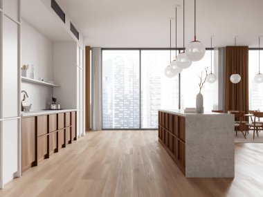 Bar tezgahı, yemek masası ve mutfak gereçleri olan şık bir mutfak. Singapur gökdelenlerinde panoramik pencereli yemek ve pişirme alanı. 3B görüntüleme