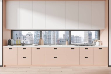 Modern kitchen with white and pink cabinets, large window showing urban skyline, light interior, contemporary kitchen design. 3D Rendering clipart