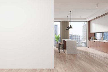 Minimalist ev mutfağı bar adası ve sandalyeler, beyaz ve bej mutfak gereçleriyle dolu mutfak dolabı. Bangkok gökdelenlerinin panoramik penceresi. Boş duvar bölmesini düzenle. 3B görüntüleme