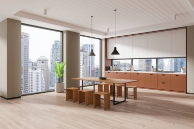 Geniş pencereli, modern mobilyalı ve arka planda şehir manzaralı modern mutfak. Konforlu yemek ve yemek alanı kavramı. 3B Hazırlama