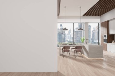 Ada ve yemek alanı olan modern mutfak, iç mekanı aydınlık, şehir manzaralı geniş pencereler, yan tarafında boş beyaz duvar. İç tasarım kavramı. 3B Hazırlama