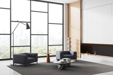 Ev manzarası rahat iki koltuk ve mermer sehpa. Bangkok gökdelenlerinin panoramik penceresi. Beton zeminde dekorasyon ve halı olan raflar. 3B görüntüleme