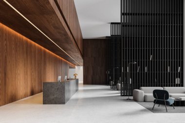 Ofis içi resepsiyon masası, kanepe ve koltuklar halıda, uzun oda ayırıcıları sırada. Minimalist tasarımı olan bir otel bekleme ve kayıt yeri. 3B görüntüleme