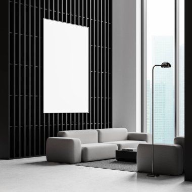 Kanepe, sehpa ve beton zeminde halı olan iş manzarası. Singapur gökdelenlerinin panoramik penceresi. Duvara çadır bezi posteri asın. 3B görüntüleme