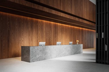 Beton masası ve ahşap panel duvarı olan modern kabul alanı, minimalist tasarım, hafif bir arka plan, kurumsal veya konukseverlik konsepti. 3B Hazırlama