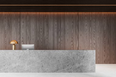 Minimalist karanlık lobi içinde taş masa, bilgisayar ve beton zemin var. Minimalist kayıt ve ahşap duvarlı servis alanı. 3B görüntüleme