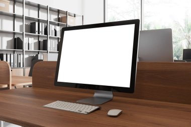 Ofis içi ile boş bilgisayar görüntüsü, ahşap masa, raf ve panoramik pencere ile yan görünüm ortak çalışma alanı. Web sitesi, pazarlama ya da iş ilanı. 3B görüntüleme