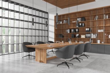 Konferans salonunun köşesinde gri sandalyeler, tahta tahta döşemeler, beton döşemeler. Raf ve tropiklerde panoramik pencereli minimalist buluşma yeri. 3B görüntüleme