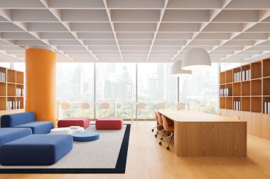 Rahatlatıcı ve çalışma alanı olan renkli iş yerleri, toplantı masası ve sandalyeler, klasörlü raflar ve bar masası. Bangkok 'ta panoramik pencere. 3B görüntüleme