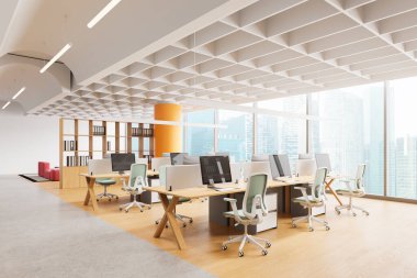 Beyaz duvarları ve doğal ışığı olan modern açık ofis alanı, çalışma alanı üretkenliği kavramı. 3B Hazırlama