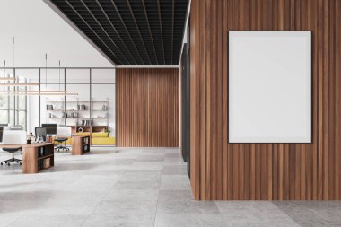 Ofisin içini bilgisayarlarla donatmak, kanepe ve raflarla rahatlatmak. Tropik bölgelerde panoramik pencere. Ahşap duvardaki uzay tuvali posterini taklit et. 3B görüntüleme