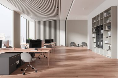 Modern ofis içi çalışma alanı, sıralardaki bilgisayarlarla birlikte, koltuklu rahatlama alanı. Singapur gökdelenlerinde süslemeli ve panoramik pencereli raflar. 3B görüntüleme