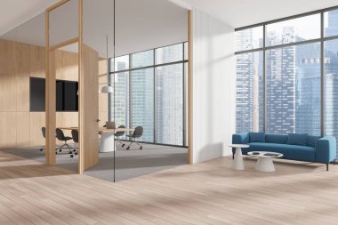 İş manzarası, gevşeme, cam konferans odası, ahşap zemin üzerinde sıcak mavi kanepe. Singapur gökdelenlerinin panoramik penceresi. 3B görüntüleme