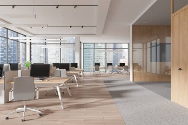 Ahşap ve cam elementli modern açık ofis alanı, parlak ışıklandırma, şehir manzarası arka planı, çağdaş çalışma alanı kavramı. 3B Hazırlama