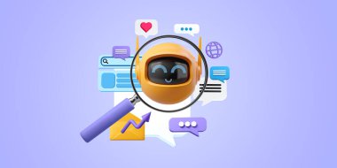 Büyüteç ve robot ikonu, mesajlı bulutlar ve web pencereleri. Çevrimiçi asistan, arama motoru ve yapay zeka kavramı. 3B resimleme