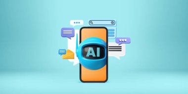 Robot simgesi olan telefon görüntüsü, metin mesajlı web ekranı ve renkli arkaplanda arama çubuğu. Online asistan ve mobil uygulama kavramı. 3B resimleme