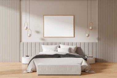 Klasik otel odası iç yatak odası, lambalar, dekorasyon ve ahşap döşemeli komodin. Çadır bezi posterli modern uyku odası. 3B görüntüleme